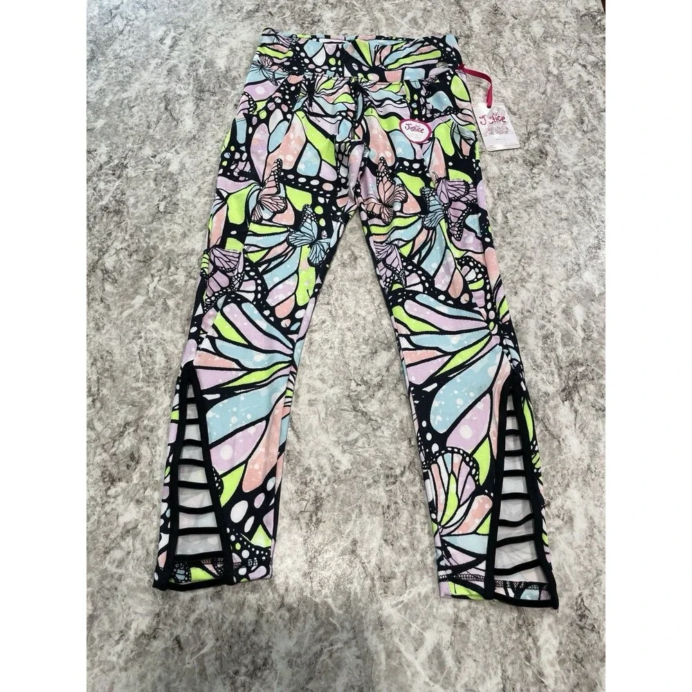 JUSTICE Size 16/18 Butterfly Print Leggings Phone Pockets Ornate Ankle NEW